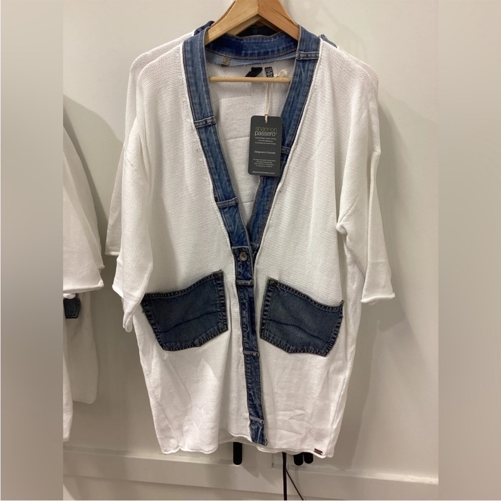 Women's White Cardigan with Denim Accents